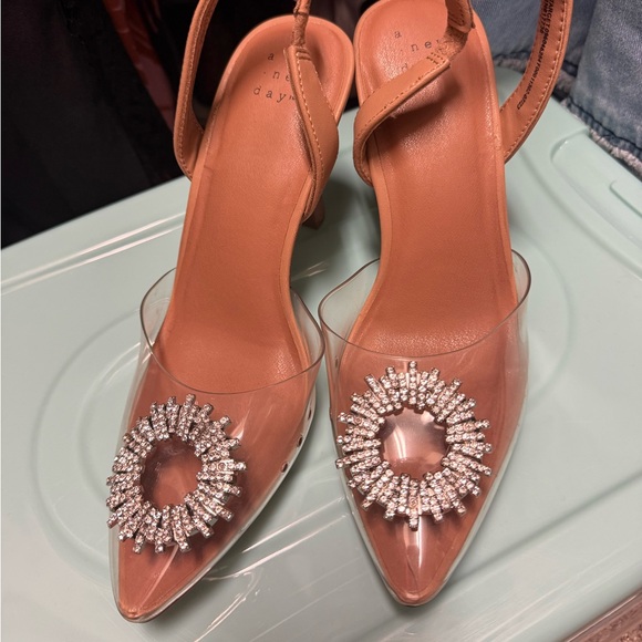 a new day Nude Tan Clear Slingback Heels with Crystal Brooch - Picture 2 of 5